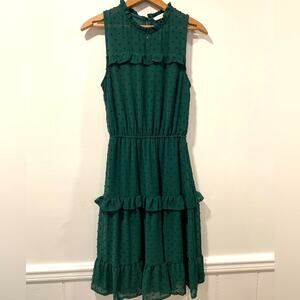 Monteau Swiss Dot Tiered Ruffle Midi Dress Sz S Green Boho Peasant Western